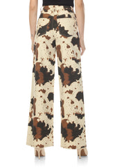 High Waisted, Cow-Print Denim Wide-Leg Jeans