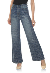 High Rise Rhinestone Wide Leg Jeans - Vintage Wash