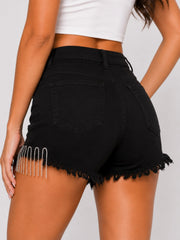 Rhinestone Fringe High Rise Black Denim Shorts Raw Hem