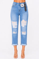 High Rise Boyfriend Distressed Cuffed Crop Jeans