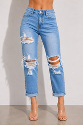 High Rise Boyfriend Straight Leg Distressed Cropped Jeans