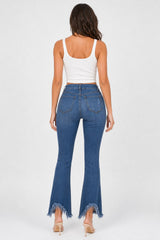 High Rise Distressed Hem Cropped Flare Stretch Jeans