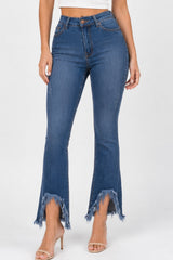 High Rise Distressed Hem Cropped Flare Stretch Jeans