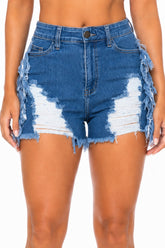 High Rise Distressed Fringe Denim Shorts