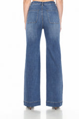 WOMEN'S DARK WASH HIGH RISE WIDE LEG JEANS WITH WIDE HEM