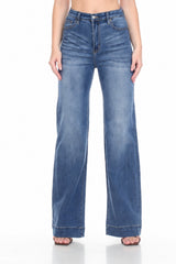 WOMEN'S DARK WASH HIGH RISE WIDE LEG JEANS WITH WIDE HEM