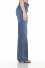 WOMEN'S DARK WASH HIGH RISE WIDE LEG JEANS WITH WIDE HEM