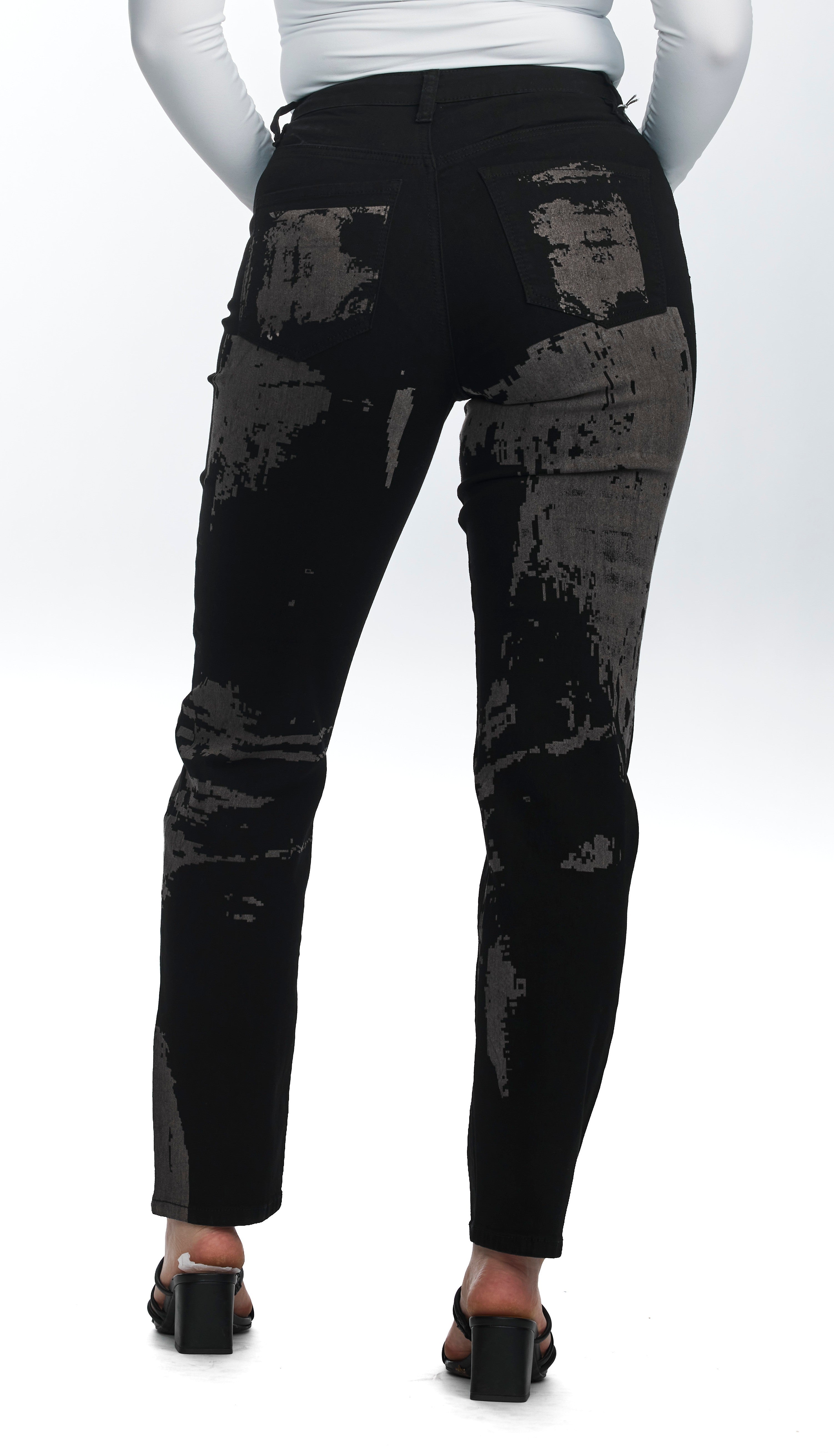 High-Rise Black Jeans - Faded Abstract Print
