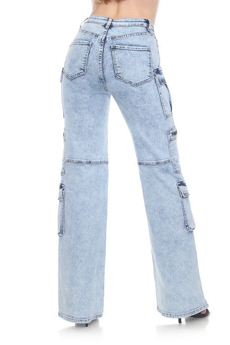 High-Rise Acid Wash Cargo Jeans - Zipper Detail