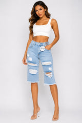 High Rise Distressed Bermuda Denim Shorts Raw Hem
