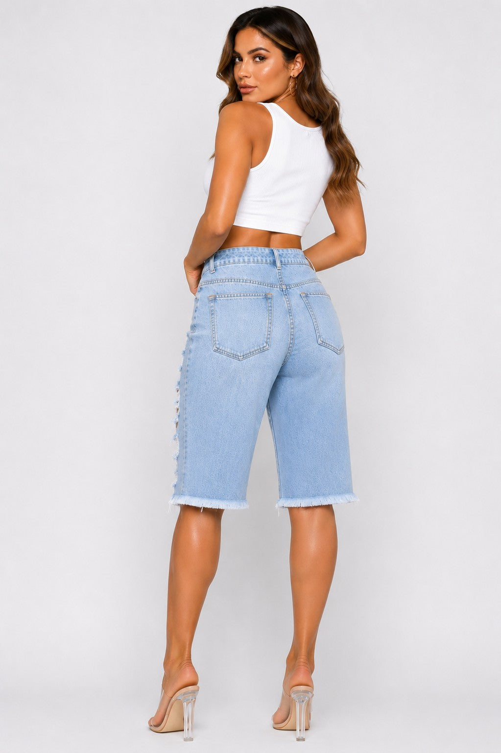 High Rise Distressed Bermuda Denim Shorts Raw Hem