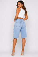 High Rise Distressed Bermuda Denim Shorts Raw Hem