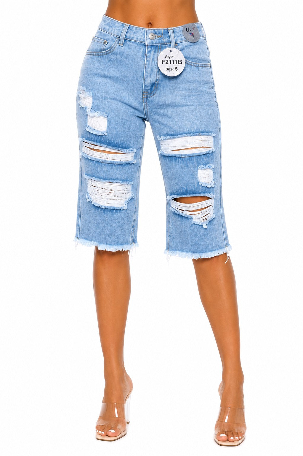High Rise Distressed Bermuda Denim Shorts Raw Hem