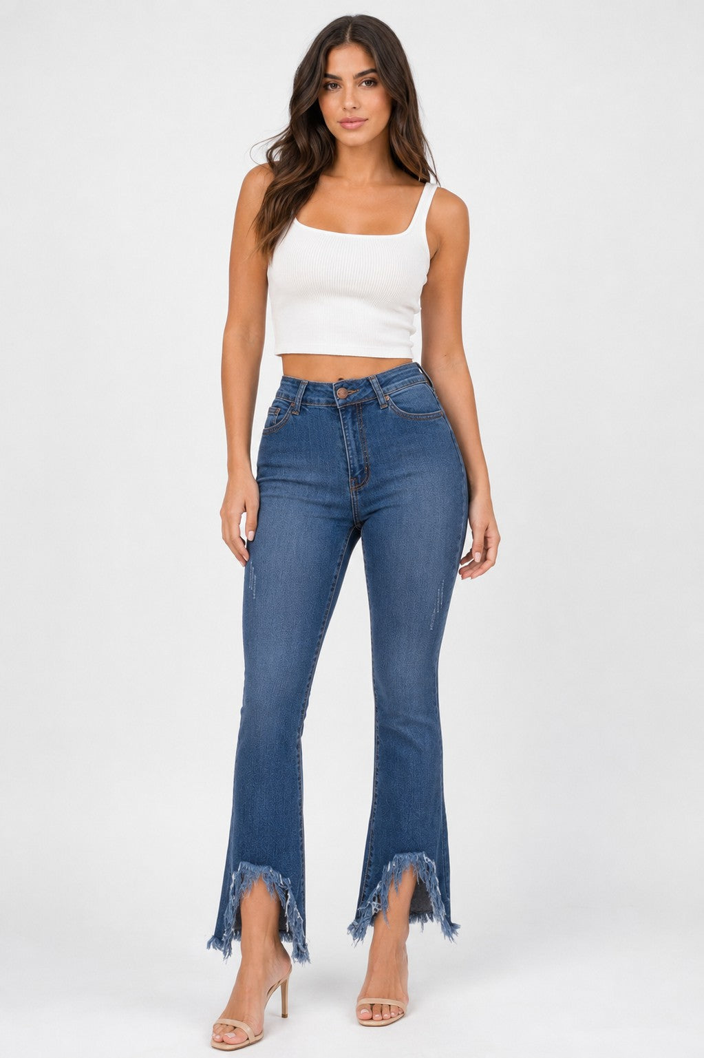 High Rise Distressed Hem Cropped Flare Stretch Jeans