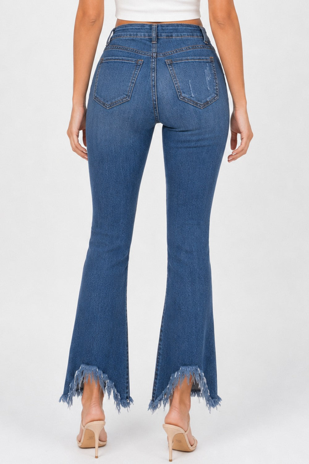 High Rise Distressed Hem Cropped Flare Stretch Jeans