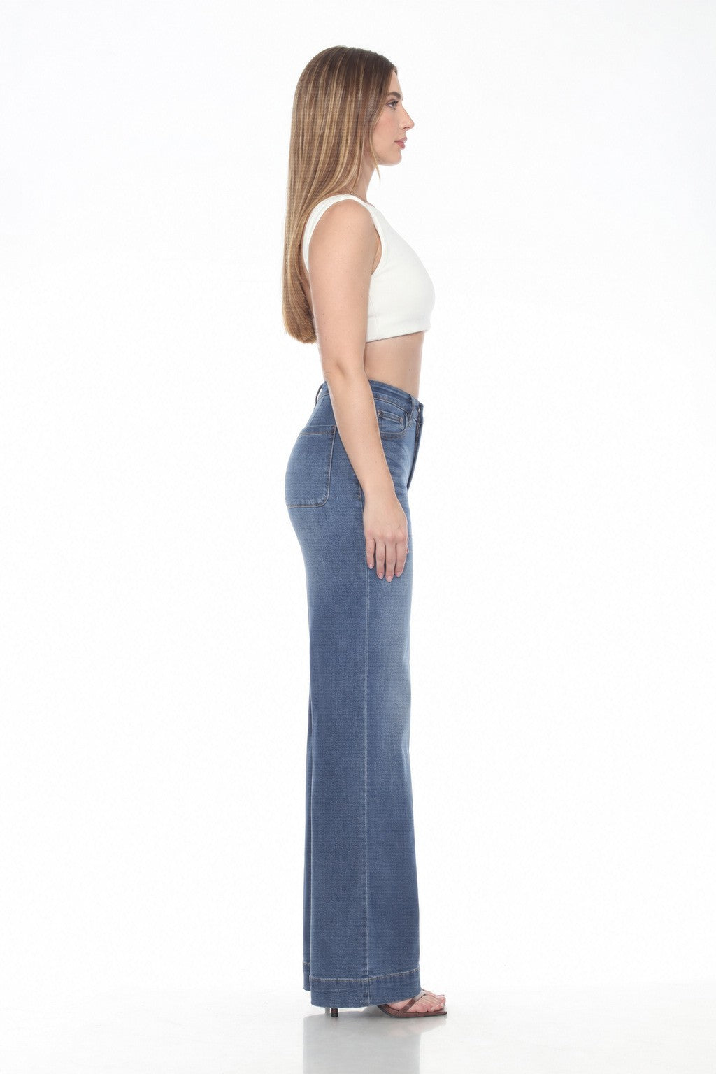 WOMEN'S DARK WASH HIGH RISE WIDE LEG JEANS WITH WIDE HEM