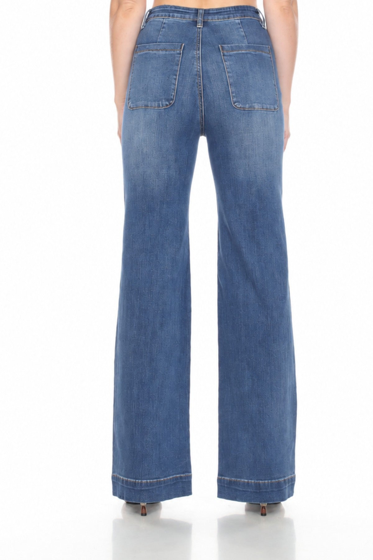 WOMEN'S DARK WASH HIGH RISE WIDE LEG JEANS WITH WIDE HEM