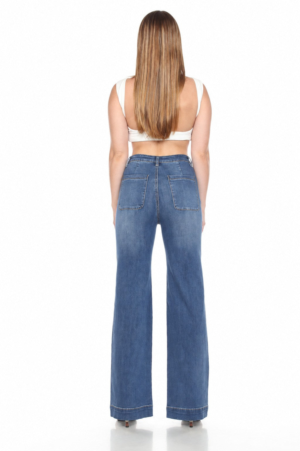 WOMEN'S DARK WASH HIGH RISE WIDE LEG JEANS WITH WIDE HEM